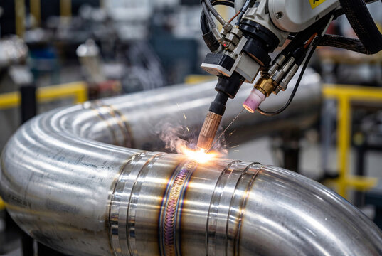Automated robotic arm welding a large stainless steel pipe in a modern manufacturing facility