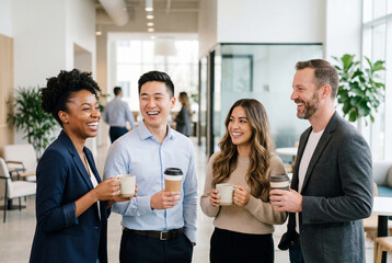 Obraz premium Diverse business professionals enjoying a relaxed coffee break in the modern office