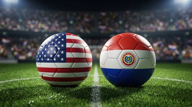 Soccer Match Simulation USA Versus Paraguay with Flag Textured Balls