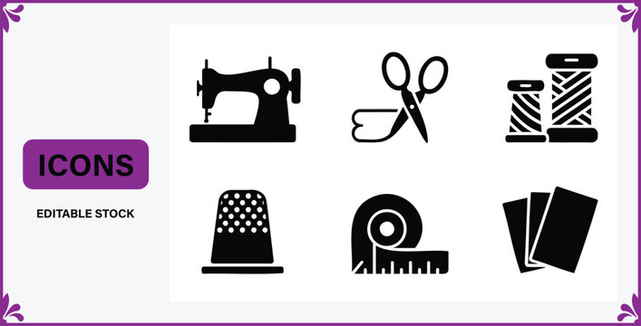 Sewing icons set including sewing machine scissors thread spool thimble tape measure and cards