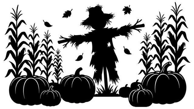 Silhouetted autumn harvest scene featuring a scarecrow standing in a cornfield with large pumpkins and falling leaves