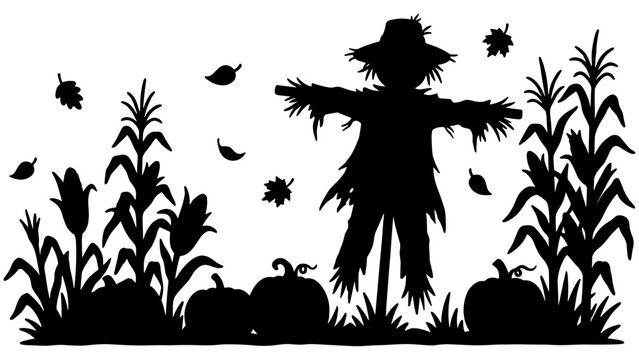 Halloween autumn scarecrow silhouette in corn field with pumpkins and falling leaves vector illustration on white background