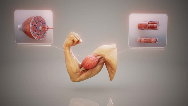 Conceptual 3D animation of a biceps muscle cross section anatomy