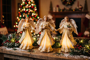 Obraz premium Three glowing christmas angel figurines standing on a wooden table near a festive holiday tree