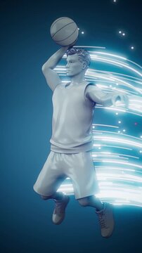 Conceptual 3D animation of a basketball player dunking in vertical format