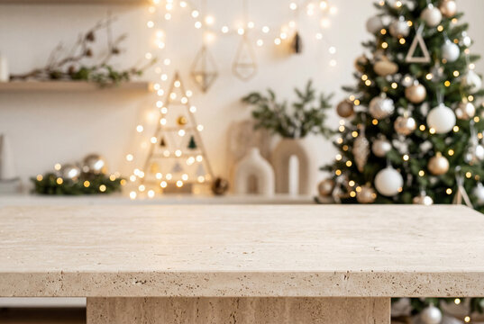 Empty stone table against blurred contemporary christmas tree and festive string lights background