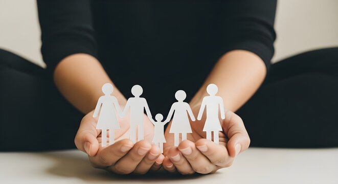 A person's cupped hands gently hold a group of white paper cut-out figures representing a family, symbolizing care and protection.