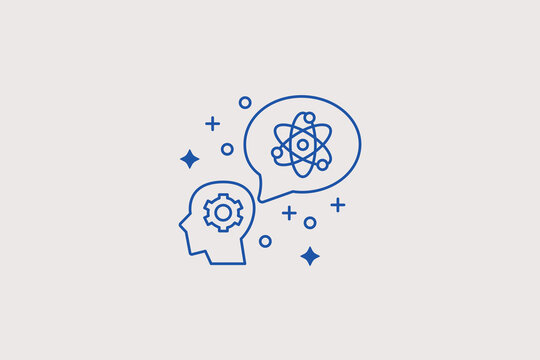 Human profile with mechanical cogwheel and science atom bubble line icon for logical thinking tracking for psychology apps. Practical vector illustration for brainstorming research, physics lesson 