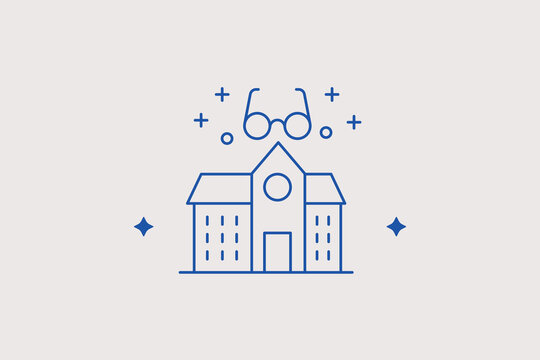 School academy building facade with eyeglasses sign line icon for educational institution tracking portals. Useful vector illustration for campus orientation navigation maps, student library guides.