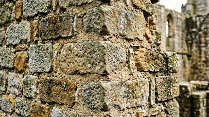 Fototapeta premium Close up of an Aged Stone Wall With a Blurred Background of a Building