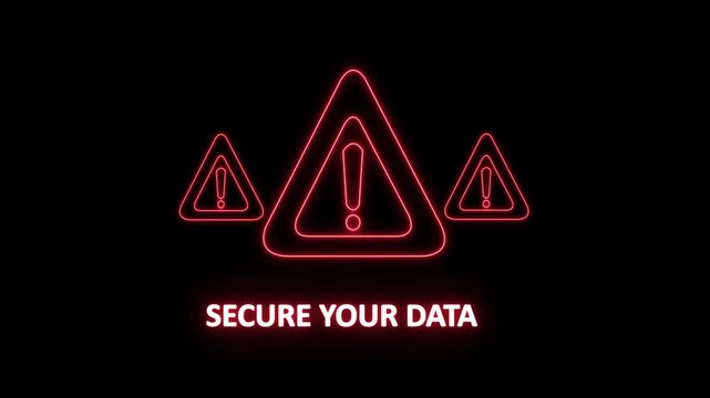 secure your data warning alert. Cyber security defense and secure digital systems protection against cyberattacks. glowing red hazard icon.4k animation video on black background