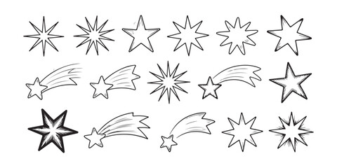 Hand drawn doodle stars and shooting comet icons set with sketchy charcoal texture on transparent base. © Stock