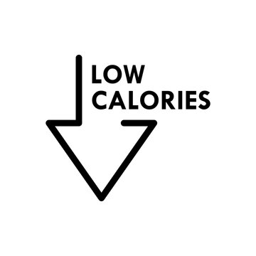 Low calories packaging label icon with down arrow symbol for weight loss diet and healthy nutrition product certification badge.