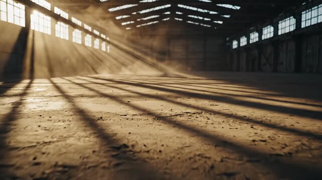 Interior view of a large empty industrial warehouse with bright sunlight streaming through windows, casting dramatic bar-shaped shadows across a dusty concrete floor with light rays.