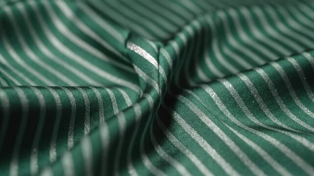 Green striped fabric with shiny silver lines shows gradual texture changes and folds, highlighting the intricate weave and sheen in close-up detail