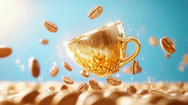 Golden coffee cup surrounded by floating coffee beans against a blue sky background