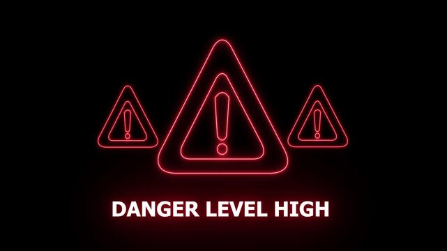 danger level high warning alert. Cyber security defense and secure digital systems protection against cyberattacks. glowing red hazard icon.4k animation video on black background