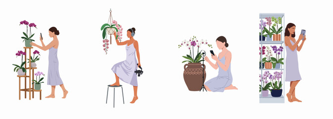 Fototapeta premium Flat vector illustration set of a young woman taking photos and videos of blooming orchid plants for social media and blogging.