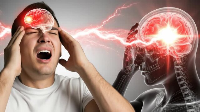 Traumatic brain injury, a man experiencing severe cerebral pain, neurological damage, neural impairment, dysfunction, acute pathology, and the impact of concussion