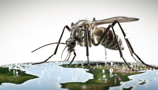 A mosquito standing on the surface of a body of water with a white background
