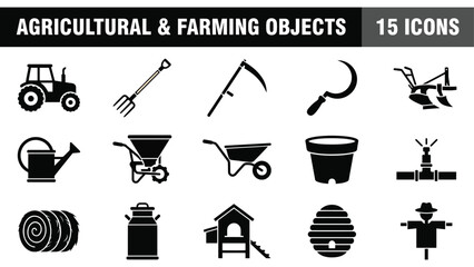 Agricultural and Farming Objects Icons Set: Tractor, Plow, Scythe, Pitchfork, Watering Can © Mahraz