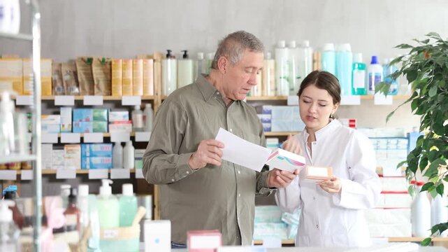 In pharmacy, mature man examines packaging of tablets pills, reads characteristics and properties, checks expiration date and storage conditions. Girl pharmacist in background consulting customer