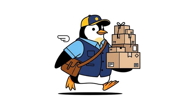 Cartoon construction worker carrying toolbox.