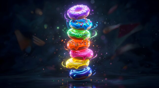 Stack of colorful glazed donuts floating on blue background