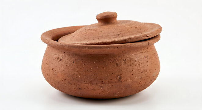Traditional terracotta clay cooking pot with lid isolated on a white background