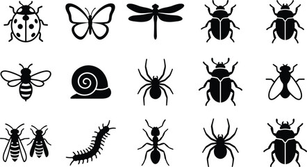Insect animal silhouettes, ladybug butterfly dragonfly beetle bee snail spider ant wasp centipede fly vector illustration design collection © MOSTSHAHANAJ