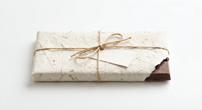 Artisan chocolate bar wrapped in textured handmade paper with twine and blank tag isolated on a white background
