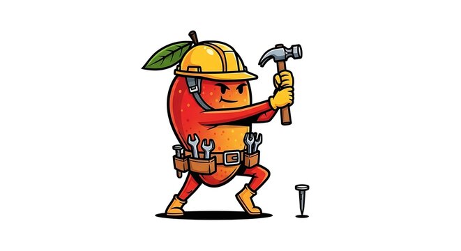 Cartoon man carrying large colorful backpack.