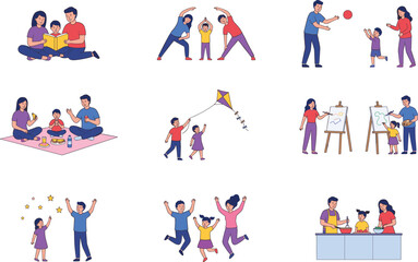 Naklejka premium Family Activities Collection with Parents and Children Flat Vector Illustration Set
