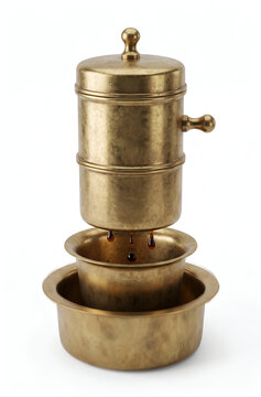 Traditional South Indian brass filter coffee maker with dripping decoction isolated on a white background