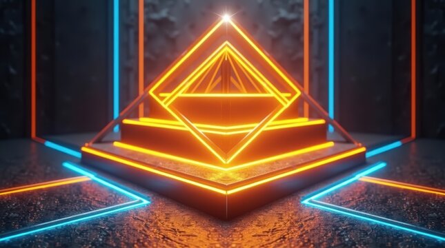 Modern stage podium with glowing neon yellow triangle frame and blue light lines in a dark futuristic room