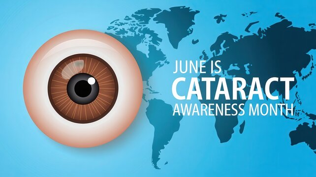Banner for June is Cataract Awareness Month with eye illustration and world map background