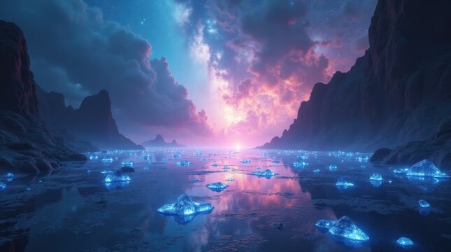 Glowing blue ice chunks floating on a dark water surface under a vibrant purple and orange galaxy night sky landscape
