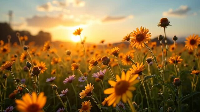 Vibrant field of yellow and purple flowers swaying gently in the breeze during sunset, with warm sunlight illuminating the landscape and creating a serene atmosphere