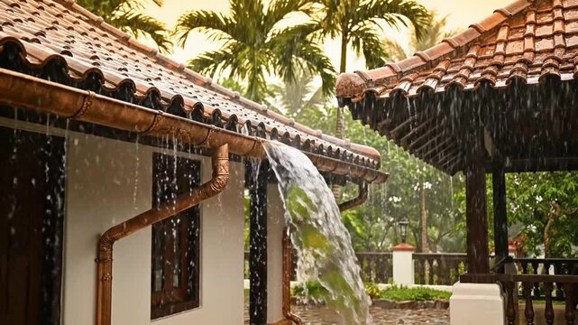 Heavy tropical rain pouring from roof gutter downspout in lush garden setting downpour storm monsoon