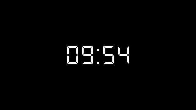 Abstract d-s font 10 minute to 9 minute countdown animation from 600 seconds to 540 seconds on a black background.ten minute to nine minute countdown timer.