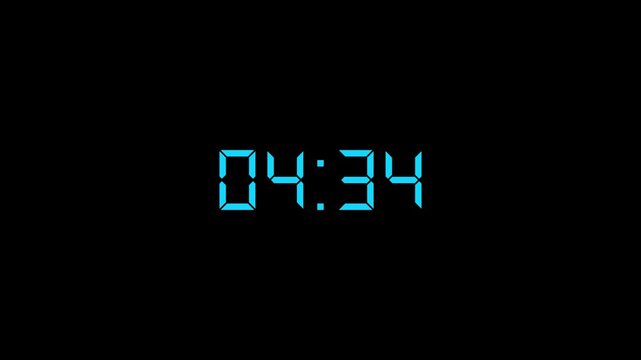 Abstract d-s font 5 minute to 0 minute countdown animation from 600 seconds to 0 seconds on a black background.Five minute to zero minute countdown timer.