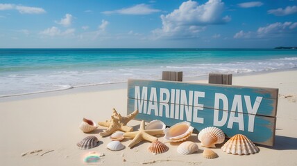 Marine Day wooden sign on sandy beach with seashell and starfish by the ocean