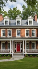 Fototapeta premium Elegant Brick Mansion with Red Door and White Columns.