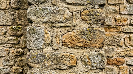 Fototapeta premium Close up of Rough Textured Stone Wall With Mortar and Natural Weathering