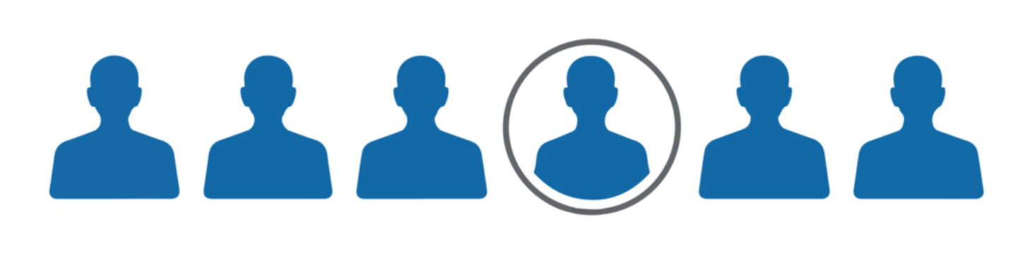 Selected person icon in row of blue user profile avatars set on transparent background vector graphic.
