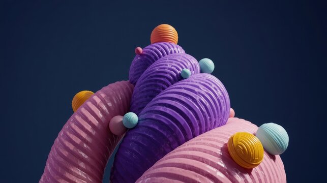 Abstract 3d spiral shell sculpture with colorful floating spheres on a dark purple background