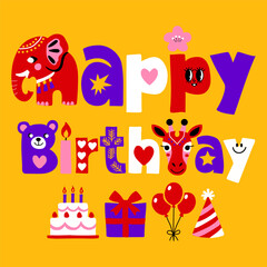 Obraz premium Cute Happy Birthday Animal Typography Illustration