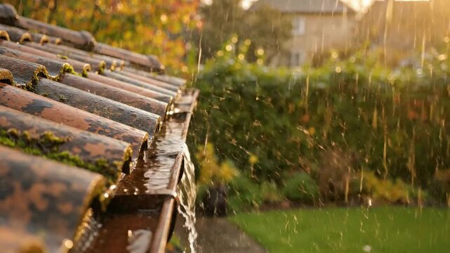 Heavy rain pouring over tiled roof and gutter in golden hour sunlight rainfall storm weather
