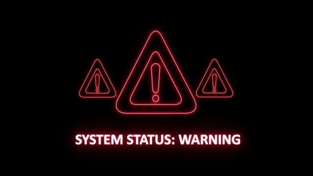 system status warning alert. Cyber security defense and secure digital systems protection against cyberattacks. glowing red hazard icon.4k animation video on black background