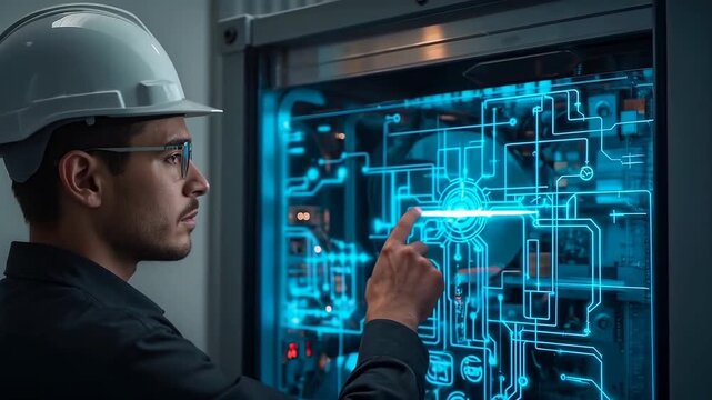 Male technician in safety helmet interacts with digital interface on control panel, showcasing intricate circuitry and glowing elements in a modern industrial setting